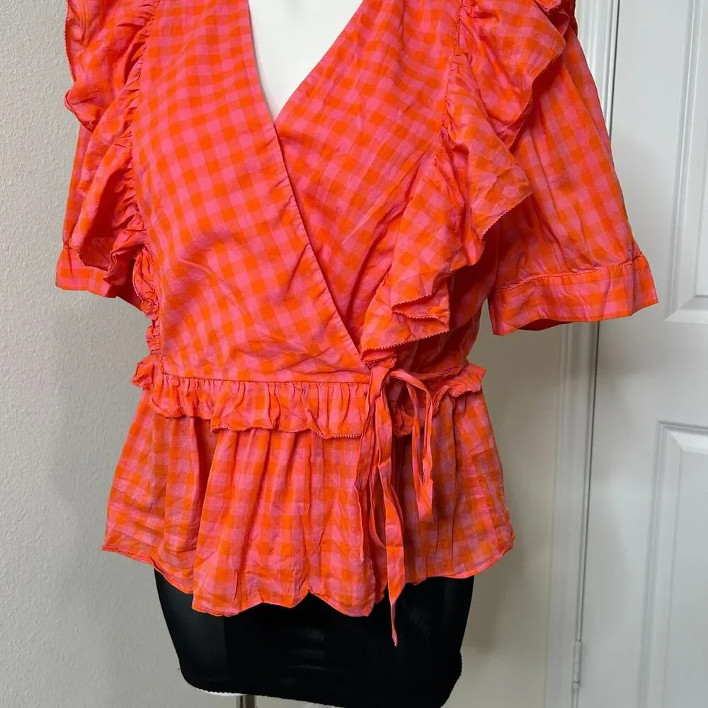 J.Crew Ruffle Wrap Top Gingham Pink Orange Organic Cotton Peplum Blouse XL